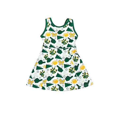 10.1 GSD2844 Baby Girls Green Yellow Bows Footballs Go Team Shorts Yoga Knee Length Dresses