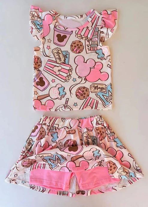 6.20 Custom Moq 3 Baby Girls Pink Mouse Cartoon Top Skort Skirts Clothes Sets