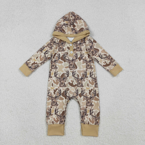10.31 Sibling Baby Boys Khaki Camo Deer Hoodies Pockets Leggings Hunting Clothes Set Footie Rompers