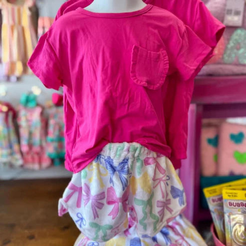 3.17 GSSO2327 Baby Girls Hot Pink Short Sleeves Pocket Top Colorful Bows Short Clothes Set Preorder