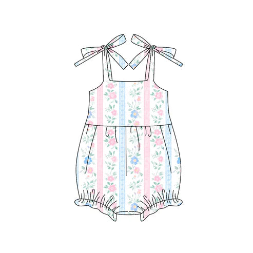 6.14  SR3118 Baby Girls Pink Strap Flowers Stripe Ruffle Rompers Preorder