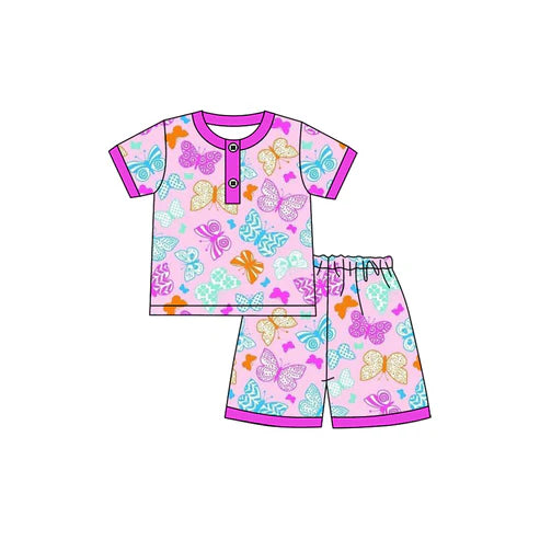 6.19  GSSO2619 Baby Girls Hot Pink Short Sleeves Butterfly Button Top Short Pajamas Set Preorder