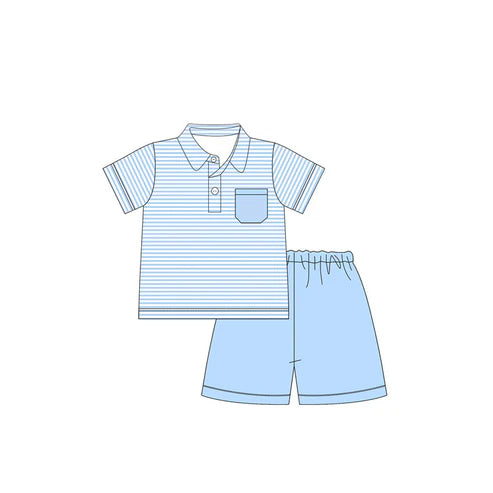 BSSO1392 Baby Boys Blue Stripes Pullover Top Shorts Clothes Sets preorder