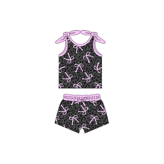 L-3.6 GSSO2140 Baby Girls Black Leopard Bow Top Shorts Clothes Sets Preorder