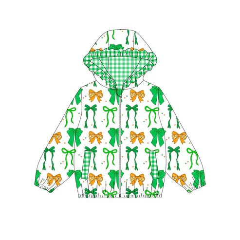 10.10 Custom Moq 5 Baby Girls Green Orange Bows Hearts Pocket Zipper St Patrick Ruffle Hoodies Jackets Top