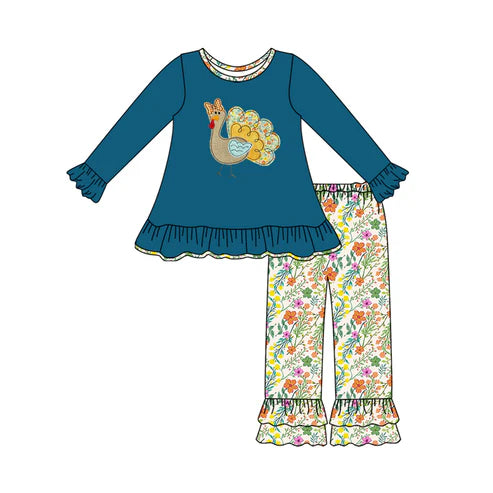 7.29 GLP2601 Baby Girls Long Sleeves Floral Turkey Tunic Ruffle Pants Set Preorder