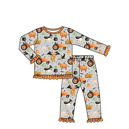 7.29 GLP2598 Baby Girls Long Ruffle Sleeves Bats Farm Pumpkins Top Pant Pajamas Set Preorder