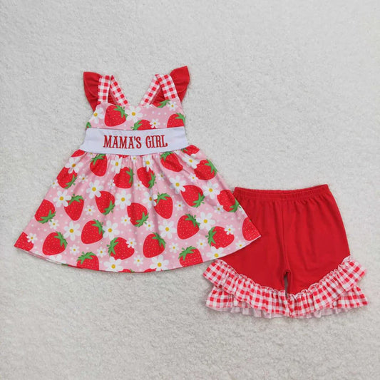 4.7 GSSO0835 mama's girl Embroidered alphabet flower Strawberry flying Sleeve shorts set