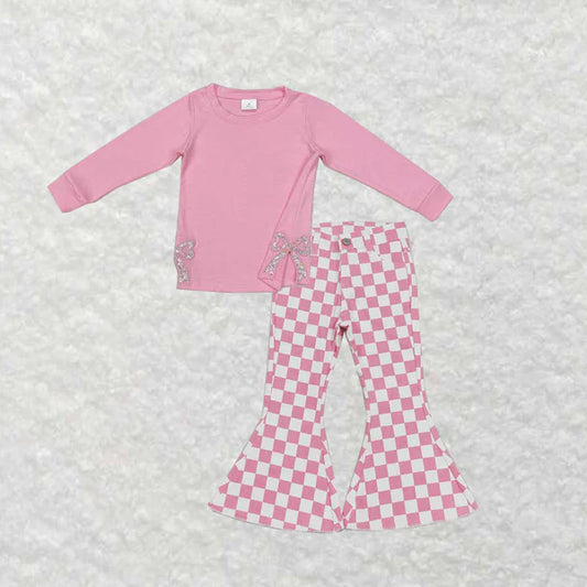 3.18 GT0872+P0348 Baby Girls Pink Bows Side Embroidery Tee Top Denim Jeans Clothes Set