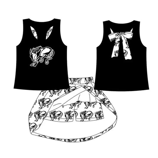 8.19 Custom Moq 5 Baby Girls Black Horse vest team Top Skirt Skort Sets
