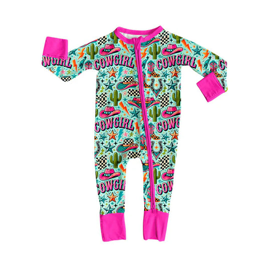 8.27 LR2596 Baby Girls Hats Cactus Plaid Western Zipper Footie Rompers Preorder