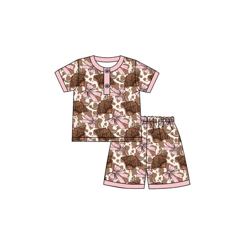6.19  GSSO2612 Baby Girls Short Sleeves Bows Highland Cows Print Button Top Short Pajamas Set Preorder