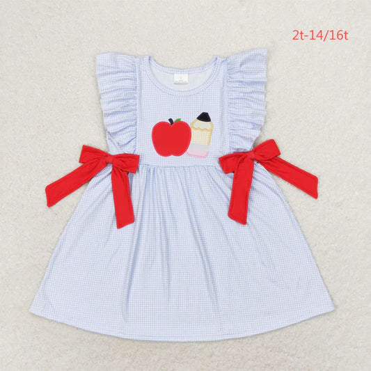 L-3.6 GSD1143 Back To School Apple pencil red bow blue plaid sleeveless dress