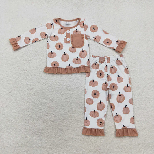 4.8 Bamboo rts no moq GLP1402 Modal pumpkin brown lace pocket long sleeve trousers pajama set