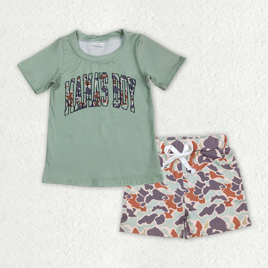 5.27 BT1184+SS0138 Baby Boys Green Camo Mama's Boy Top Pockets Shorts Clothes Set