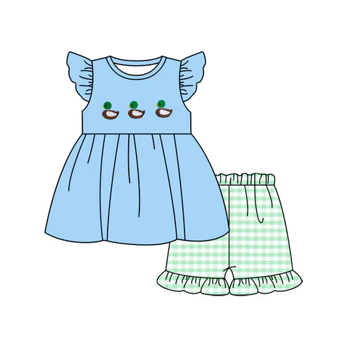 10.21 GSSO2728 Baby Girls Blue Flutter Sleeve Ducks Tunic Aqua Checked Ruffle Shorts Clothes Sets
