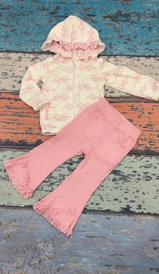 3.18 GT0873+P0463 Baby Girls Spring Bows Pink Hooded Zip Pullovers Top Denim Jeans Clothes Set