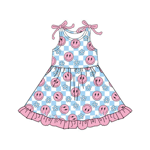 4.24 GSD2506 Baby Girls Sleeveless Pink Smiles Blue Flowers Knee Length Dress Preorder