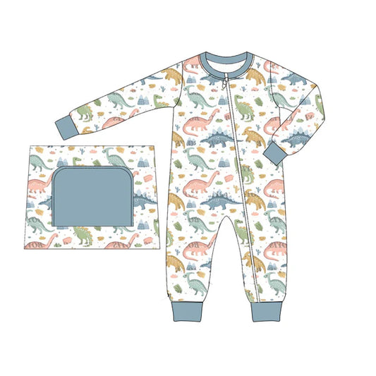 5.27 LR1938 Baby Infant Boys Blue Dinosaurs Zip Long Sleeve Rompers preorder