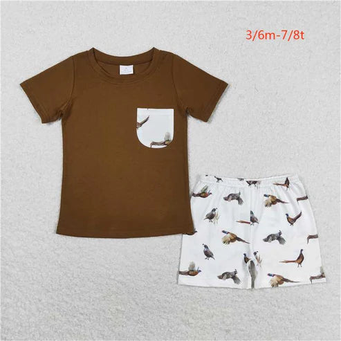BSSO0925 Boys Bird White pocket brown short sleeve shorts set
