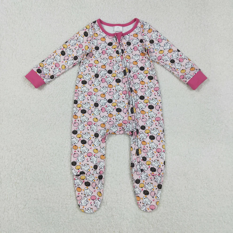 9.17 LR2506 Baby Girls Ghosts Pumpkins Halloween Zipper Footie Romper