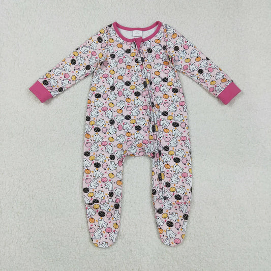 9.17 LR2506 Baby Girls Ghosts Pumpkins Halloween Zipper Footie Romper