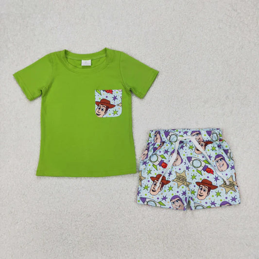 3.26 BSSO1370 Baby Boys Green Cartoon Toys Shirt Tops Shorts Clothes Set
