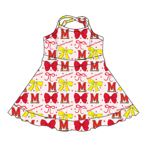 7.3Custom Moq 3 Baby Girls Strap Terps Bows Plaid Short Ruffle Team Knee Length Dresses