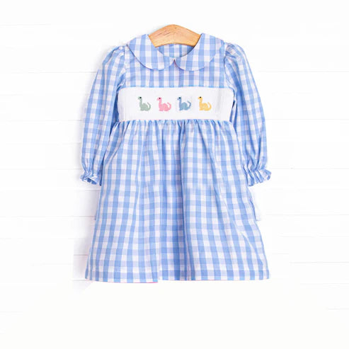 3.25 GLD1021 Baby Girls Blue Plaid Long Ruffle Sleeves Smocked Dinosaurs Knee Length Dresses Preorder