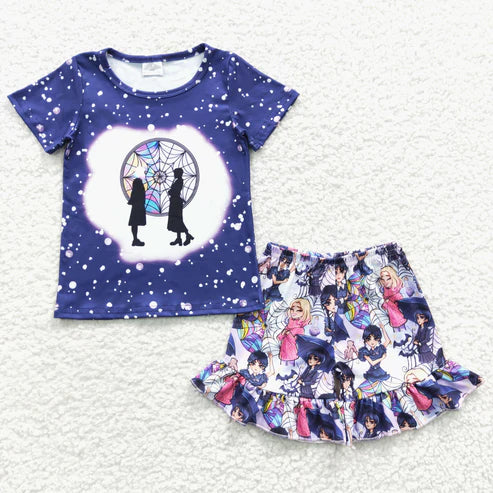 4.22 RTS NO MOQ GSSO0296 Girls Wednesday Short Sleeve Shorts Set