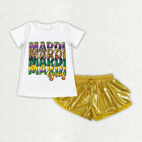 12.19 GT0442+SS0687 Baby Girls White Mardigras Top Gold Leather Ruffle Shorts Clothes Set