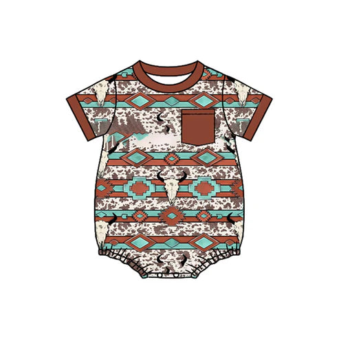 9.20 SR3212 Baby Boys Brown Pocket Bull Skulls Aztec Western Rompers Preorder