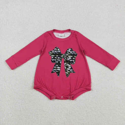 11.18  LR2776 Baby Girls Hot Pink Long Sleeve Olive Camo Bows Southern Romper