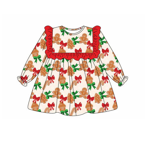 5.20 GLD1051 Baby Girls Long Ruffle Sleeves Bows Gingerbread Knee Length Dresses Preorder