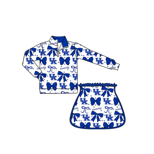 9.5 Custom Moq 5 Baby Girls Blue UK Bows Team Zip Pullovers Skort Team Clothes Sets