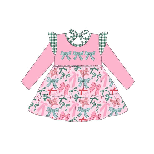 6.27  GLD1168 Baby Girls Long Sleeves Floral Bows Knee Length Dresses Preorder