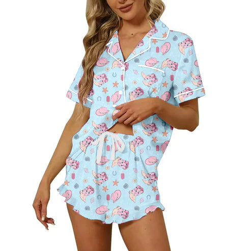 5.16 Preorder Moq 3 Adult Women Western Blue Boots Button Pocket Top Short Pajamas