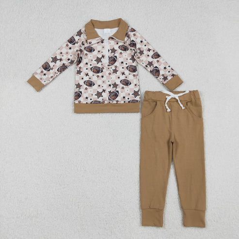 9.16 BLP1217 Baby Boys Footballs Stars Plaid Zipper Pullovers Pocket Pant Team Set
