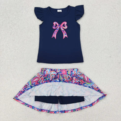 3.21  GSD1689 Baby Girls Navy Bow Shirts Shorts Skirt Clothes Set