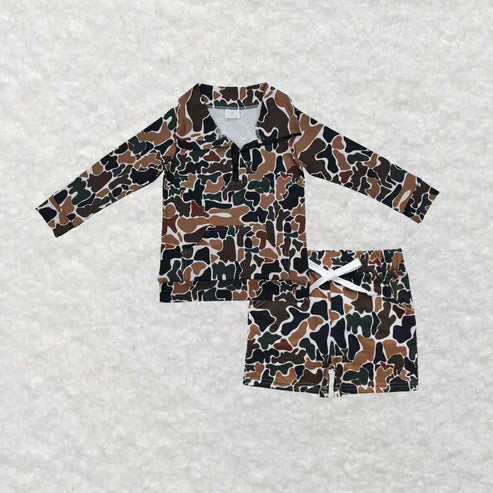 10.7 BT1038+SS0359 Baby Boys Dark Brown Camo Zipper Pocket Pullover Pockets Shorts Southern Clothes Set