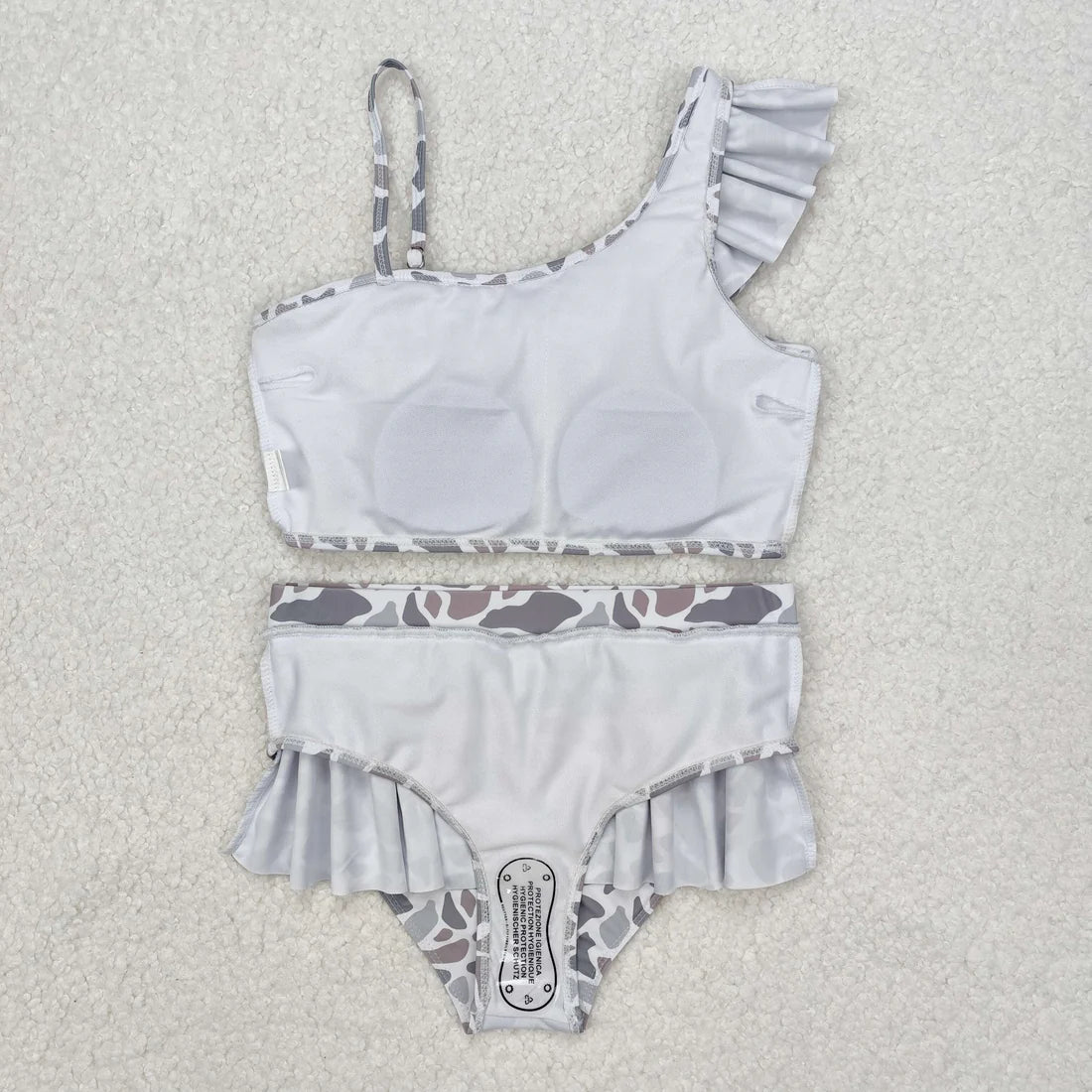 S0457 Baby Girls Grey Camo Ruffle Top Bummie 2pcs Swimsuit