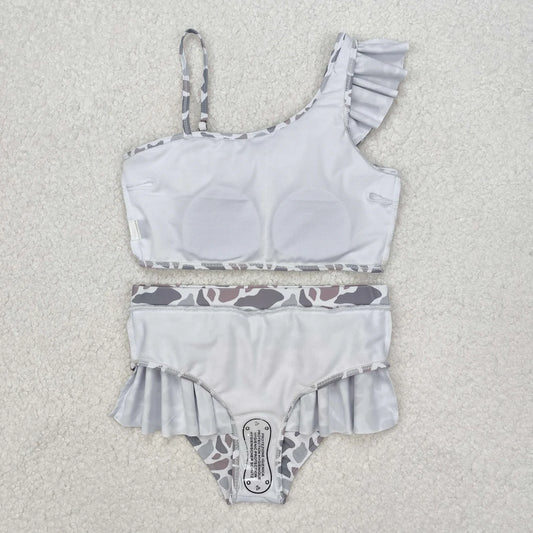 S0457 Baby Girls Grey Camo Ruffle Top Bummie 2pcs Swimsuit