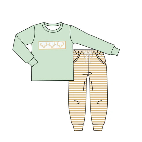 7.29 BLP1183 Baby Boys Light Green Long Sleeves Deer Top Pockets Legging Pants Set Preorder
