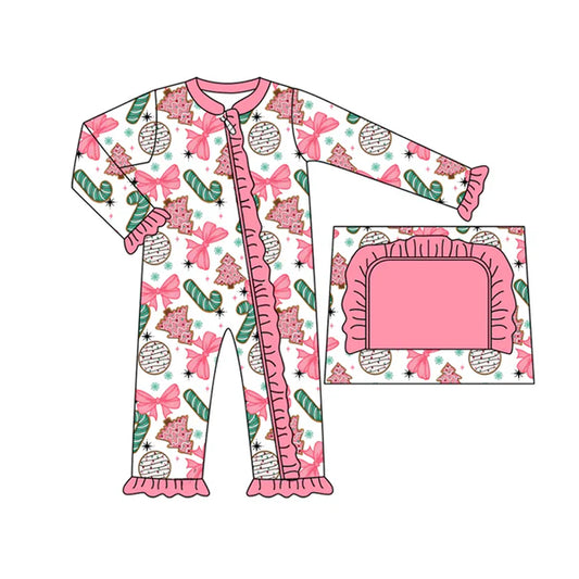 7.25 LR2486 Baby Girls Long Sleeves Christmas Trees Candy Cane Ruffle Zipper Rompers Preorder