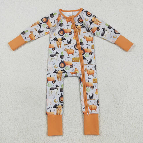8.13 LR2444 Baby Girls Long Sleeves Bats Farm Pumpkins Zipper Romper