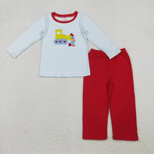 11.5 BLP1302 Embroidery Baby Boys Hearts Excavator Blue Stripe Top Pants Valentine Clothes Set