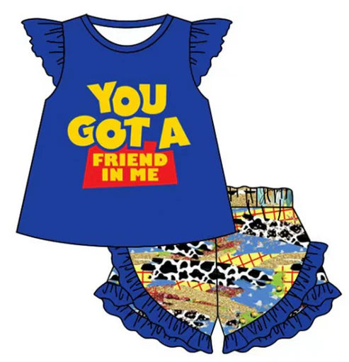 5.13 Blue short-sleeved shorts lace suit for girls