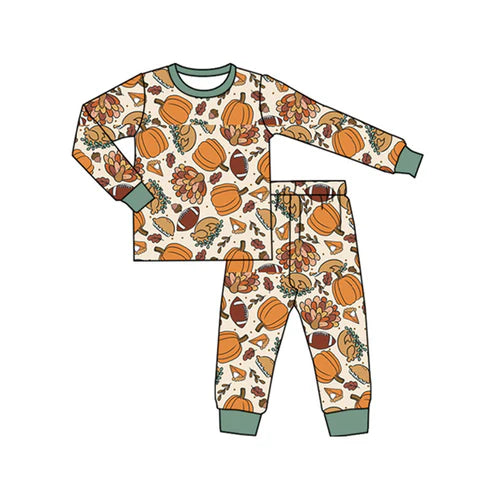 7.28 BLP1187 Baby Boys Long Sleeves Turkey Pumpkins Plaid Top Pant Pajamas Set Preorder