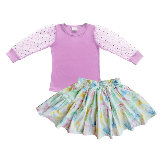 3.25 GLD1019 Baby Girls Lavender Sequin Long Sleeves Top Colorful Bows Ruffle Skirt Set Preorder