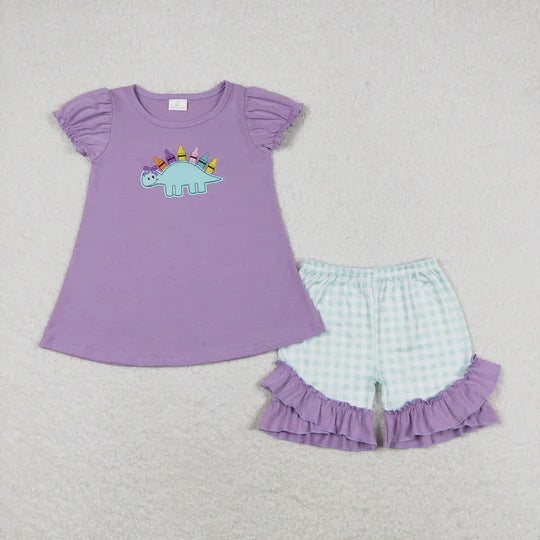 3.10 GSSO1032 RTS baby girl clothes embroidery dinosaur back to school day toddler girl summer outfit 2T to 14-16T